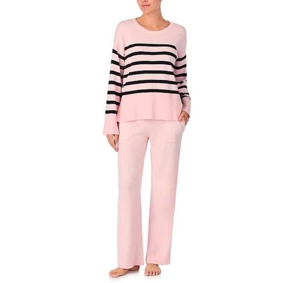 kate spade L Pink Black Stripe Crewneck Knit Long Sleeve Pant Lounge PJ Outfit - Picture 1 of 17